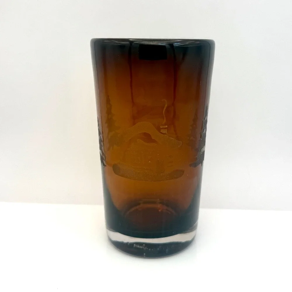 Vintage Home Studio Woodland Amber Glass Tumbler 16 Oz Cabin Pine Trees